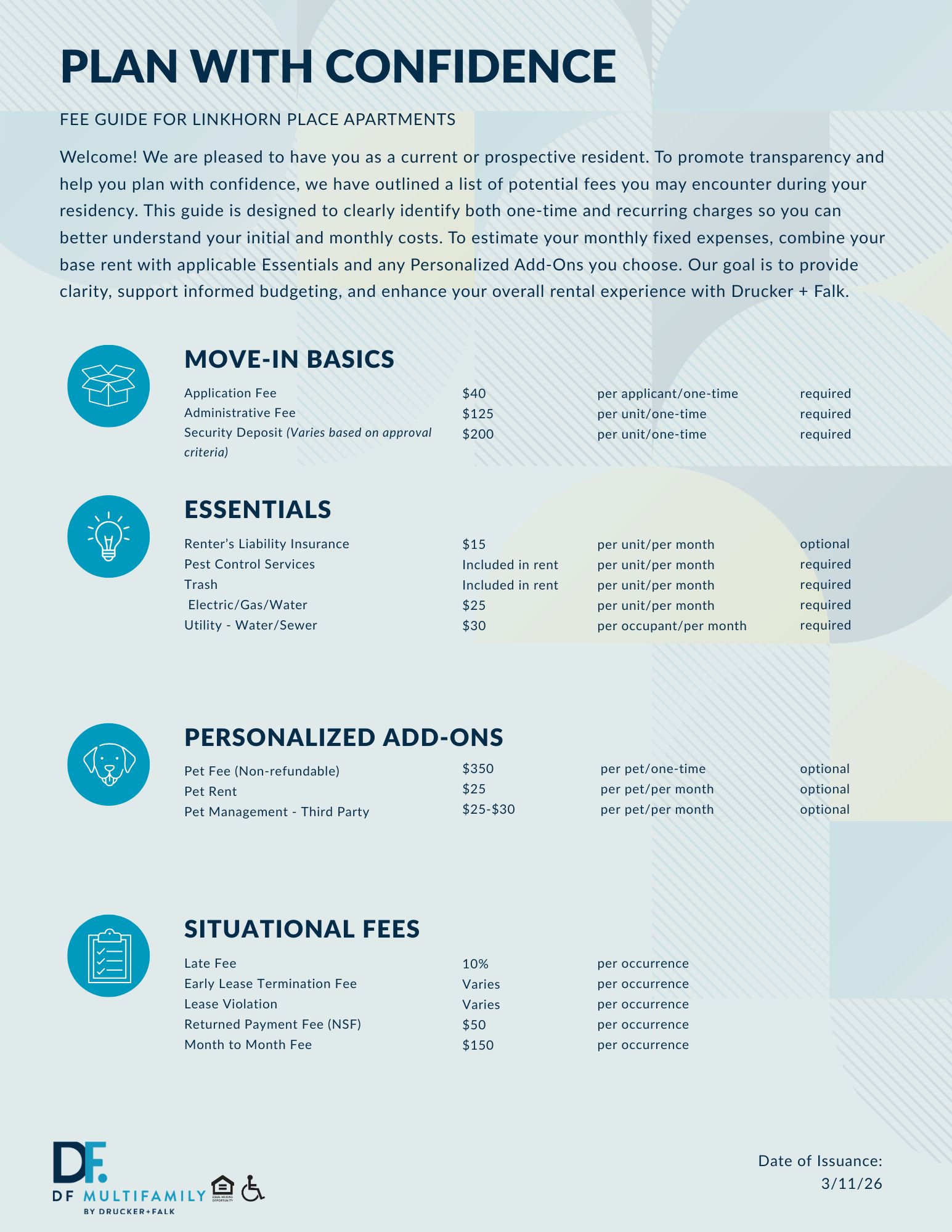 Fee Guide for Pines of York - Please call our leasing office for more details